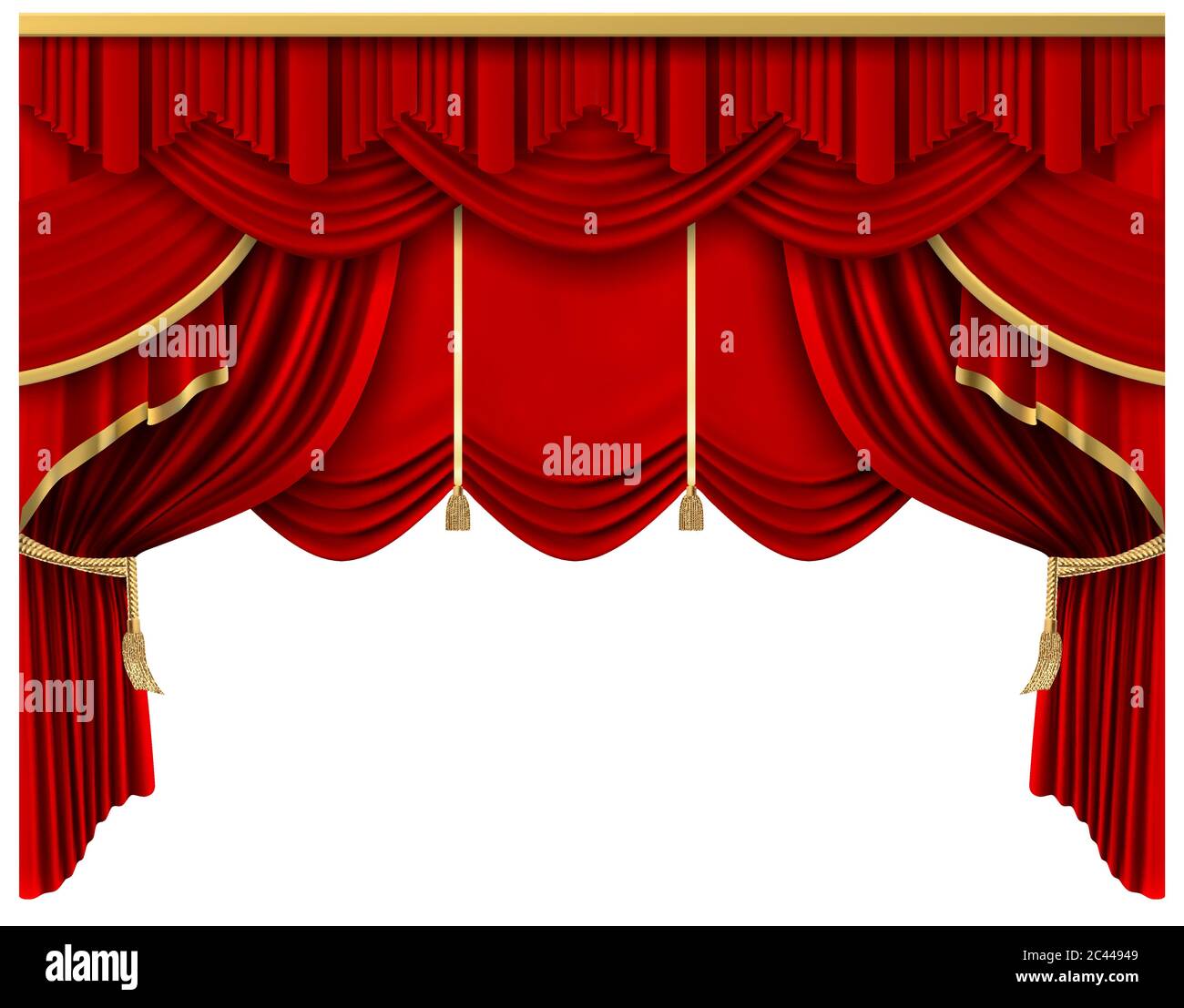 Retro red stage curtain. Realistic luxury silk curtains, theater scene interior drapery decoration, portiere drapes isolated vector illustration Stock Vector