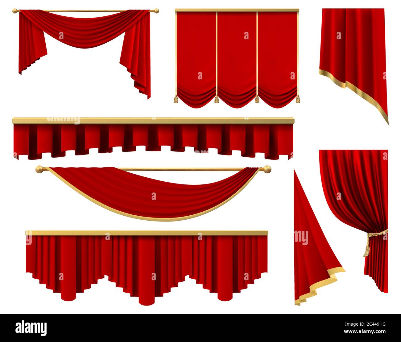 Vintage red realistic curtains. Stage luxury scarlet fabric curtain, silk interior lambrequin draperies vector illustration set Stock Vector