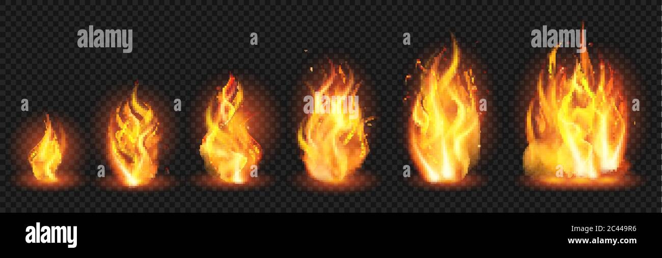Realistic flame concept. Flaring fire blaze, various size burning