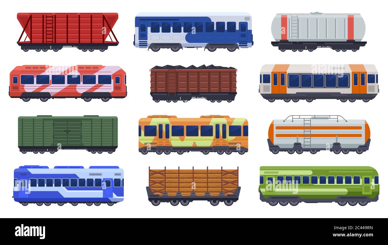 Trains transportation. Passenger and freight trains, steam train, goods high speed trains. Subway underground train vector illustration icons set Stock Vector