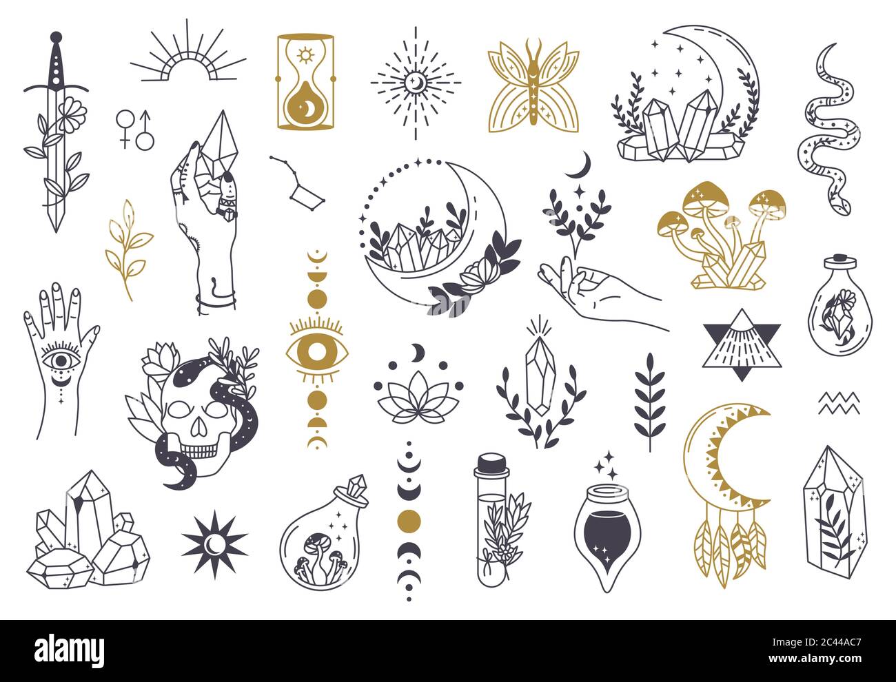 Witch magic symbols. Doodle esoteric, boho mystical hand drawn elements, magic witchcraft crystal, eyes, moon vector illustration icons set Stock Vector