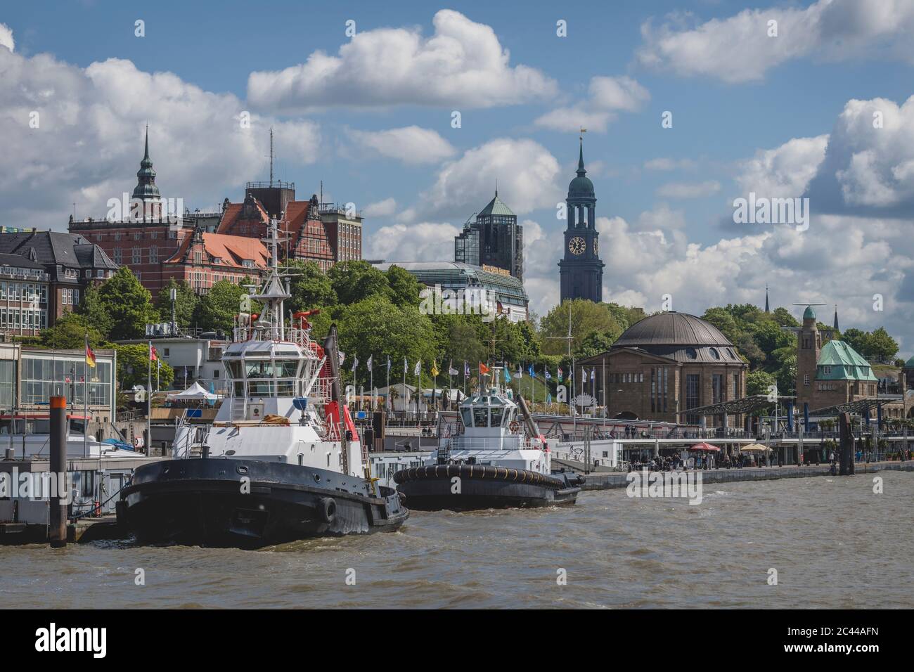 Germany, Hamburg, Saint Pauli Piers with Saint Michaels Church in background Stock Photo