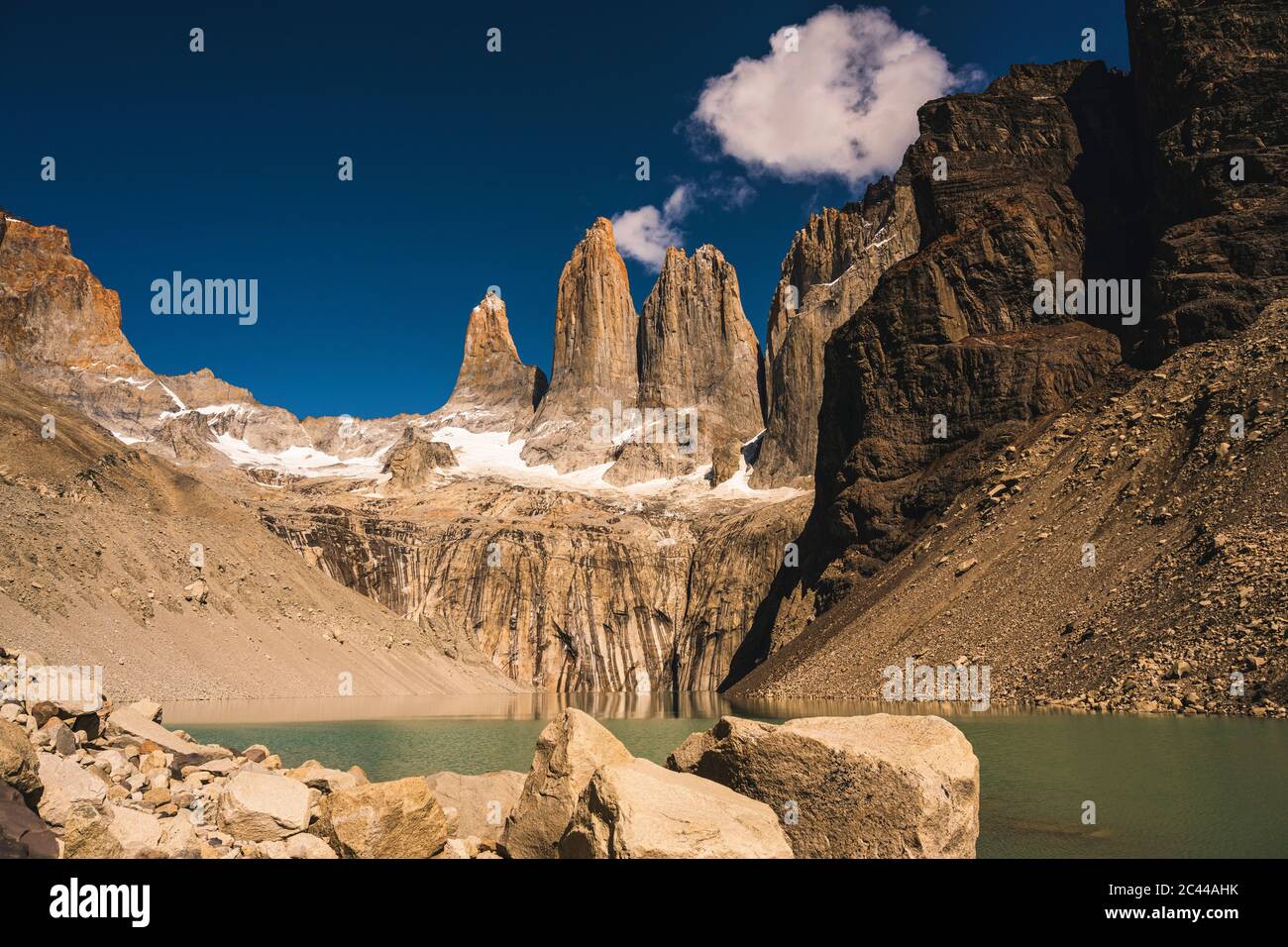 Chile, Scenic view of Base De Las Torres in Torres Del Paine National Park Stock Photo