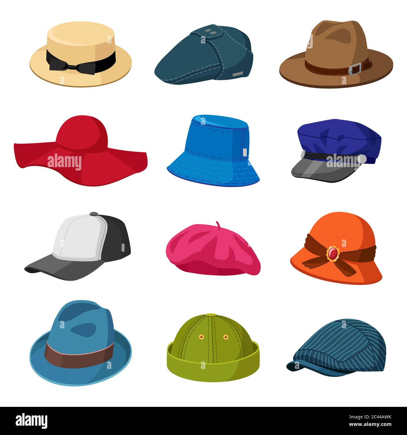 Headwear hats. Men and women elegant headwear, modern and retro caps ...
