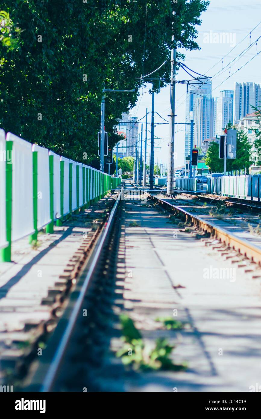 The railroad track of trams in Dalian outdoor cities Stock Photo