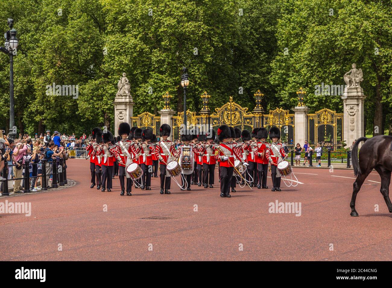 LONDON, UK - 28TH JUNE 2016:  Musicians at the Changing of the Guard Performance at Buckingham Palace in the summer. A police escort can be seen. Stock Photo
