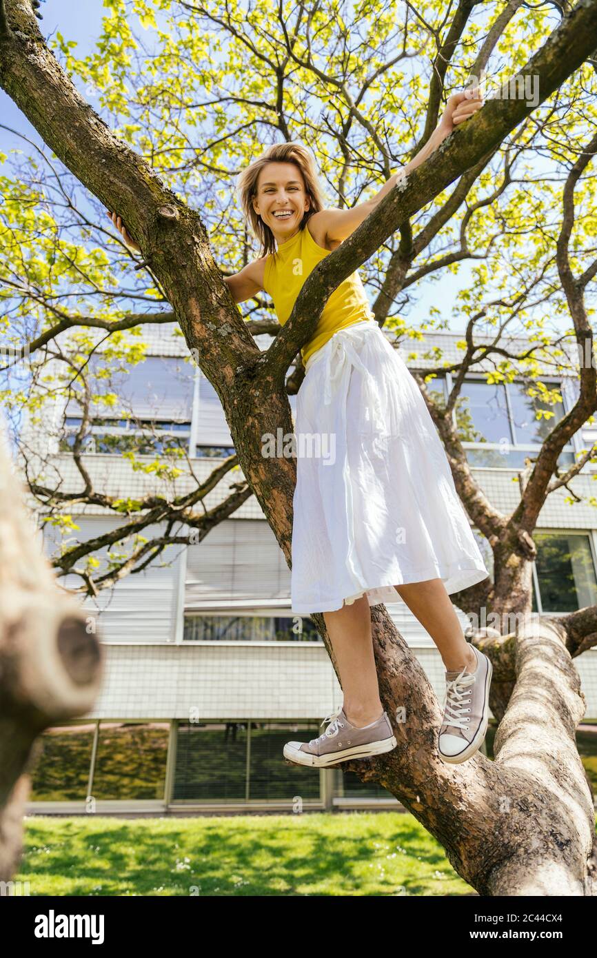 Portrait of happy woman standing in a tree in a park Stock Photo - Alamy