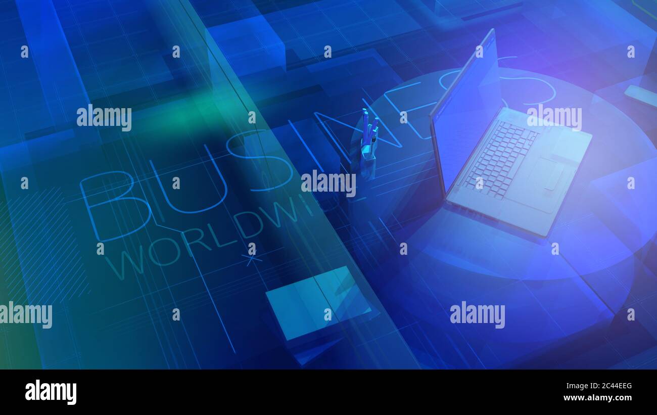 3D background with laptop on Business Worldwide topic Stock Photo - Alamy