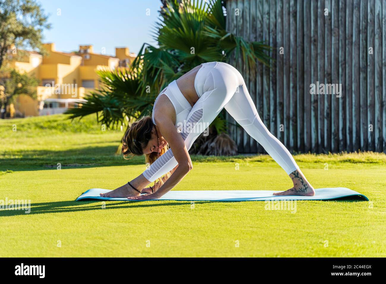 Woman doing yoga on a mat on lawn Stock Photo Alamy