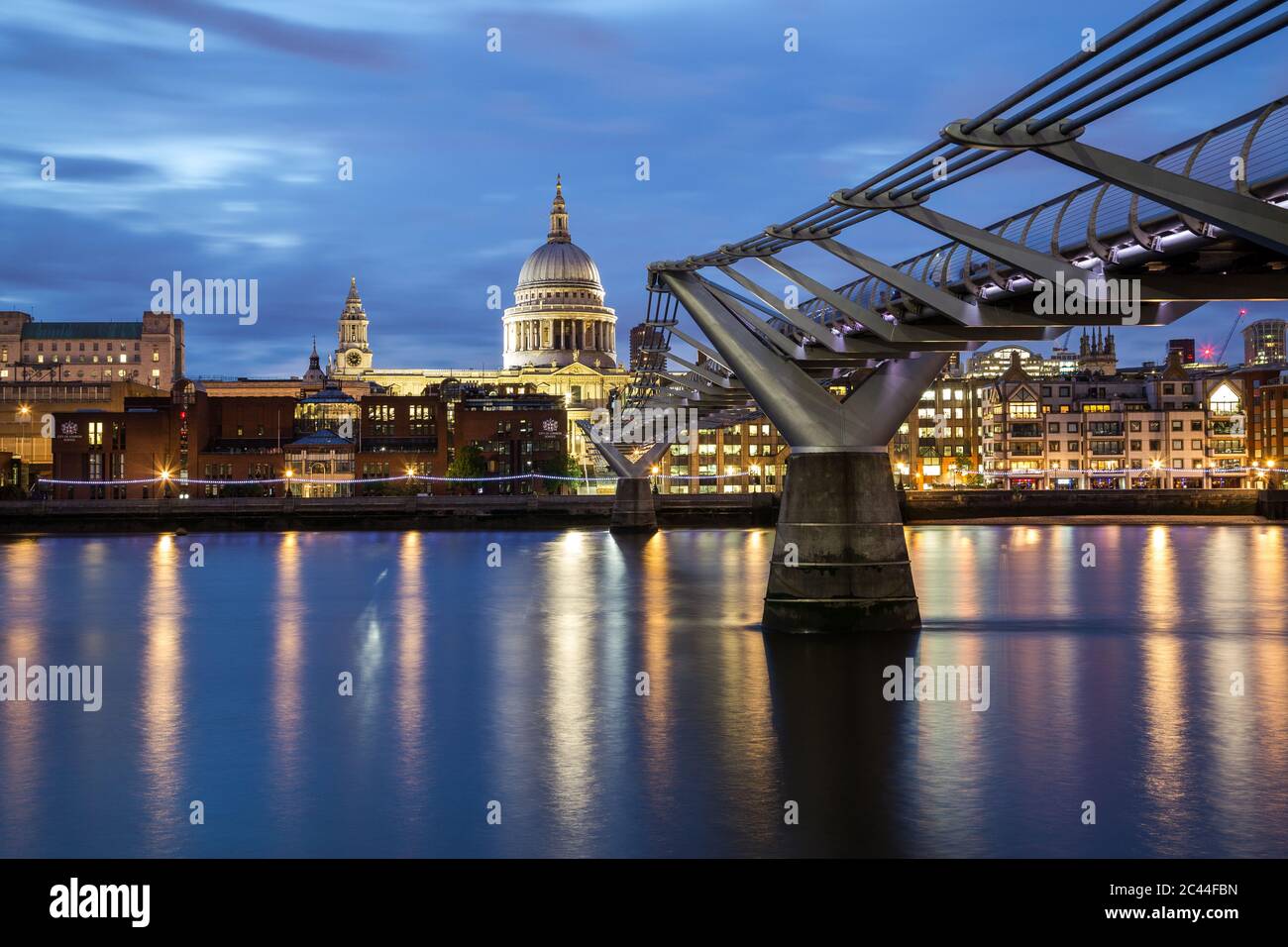 LONDON, UK - 27TH JUNE 2016: St Pauls Cathedral and Millenium Bridge at night Stock Photo