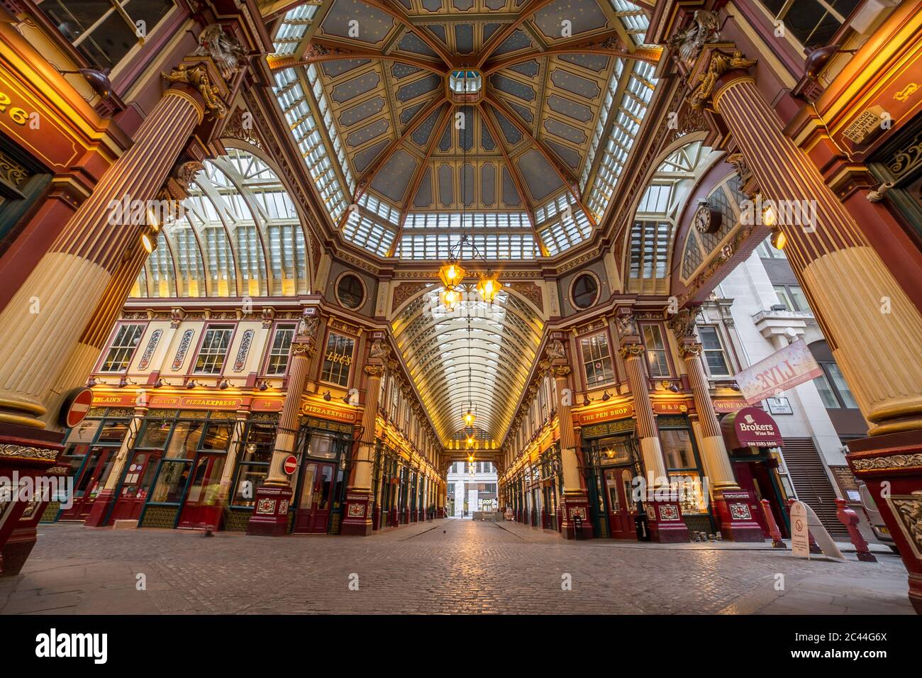 LONDON, UK - 6TH JULY 2016:  A low angle view of part of Leadenhall Market in the City of London in the morning. Stock Photo