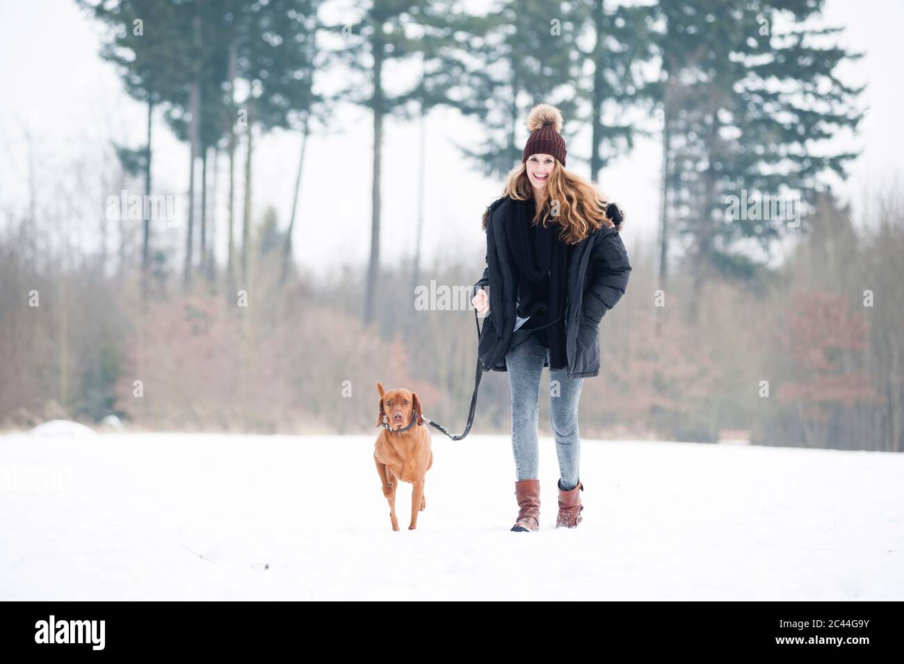 Smiling young woman walking with dog on snow against trees in forest Stock Photo