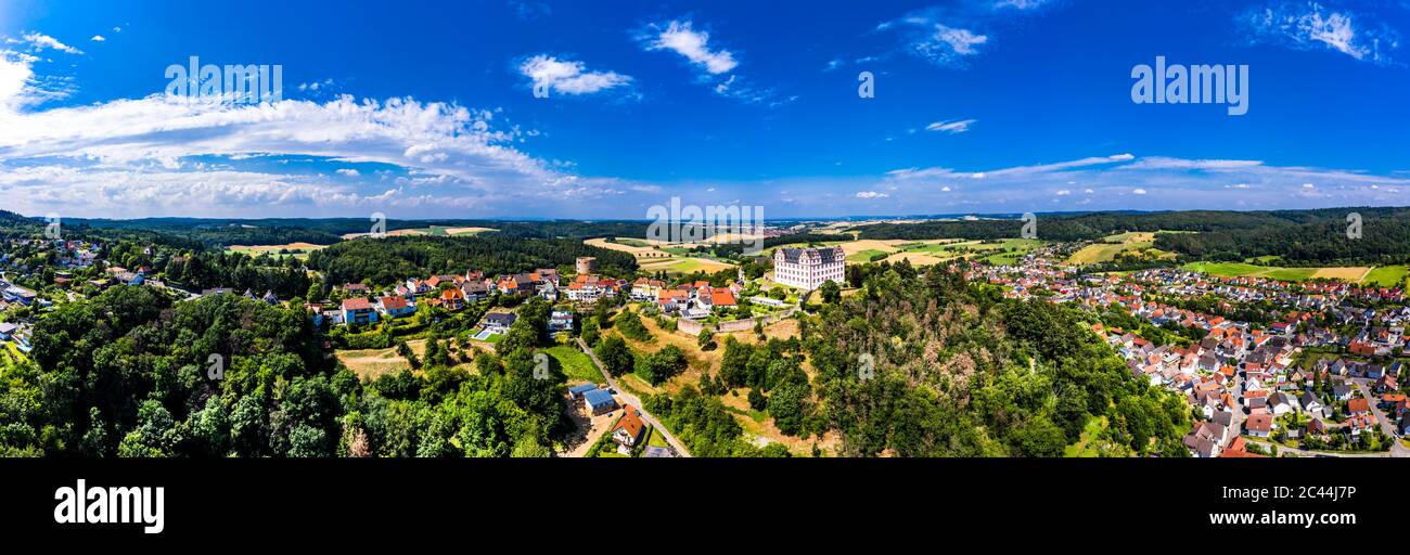 Germany, Hesse, Fischbachtal, Aerial view of Lichtenberg Castle and town Stock Photo