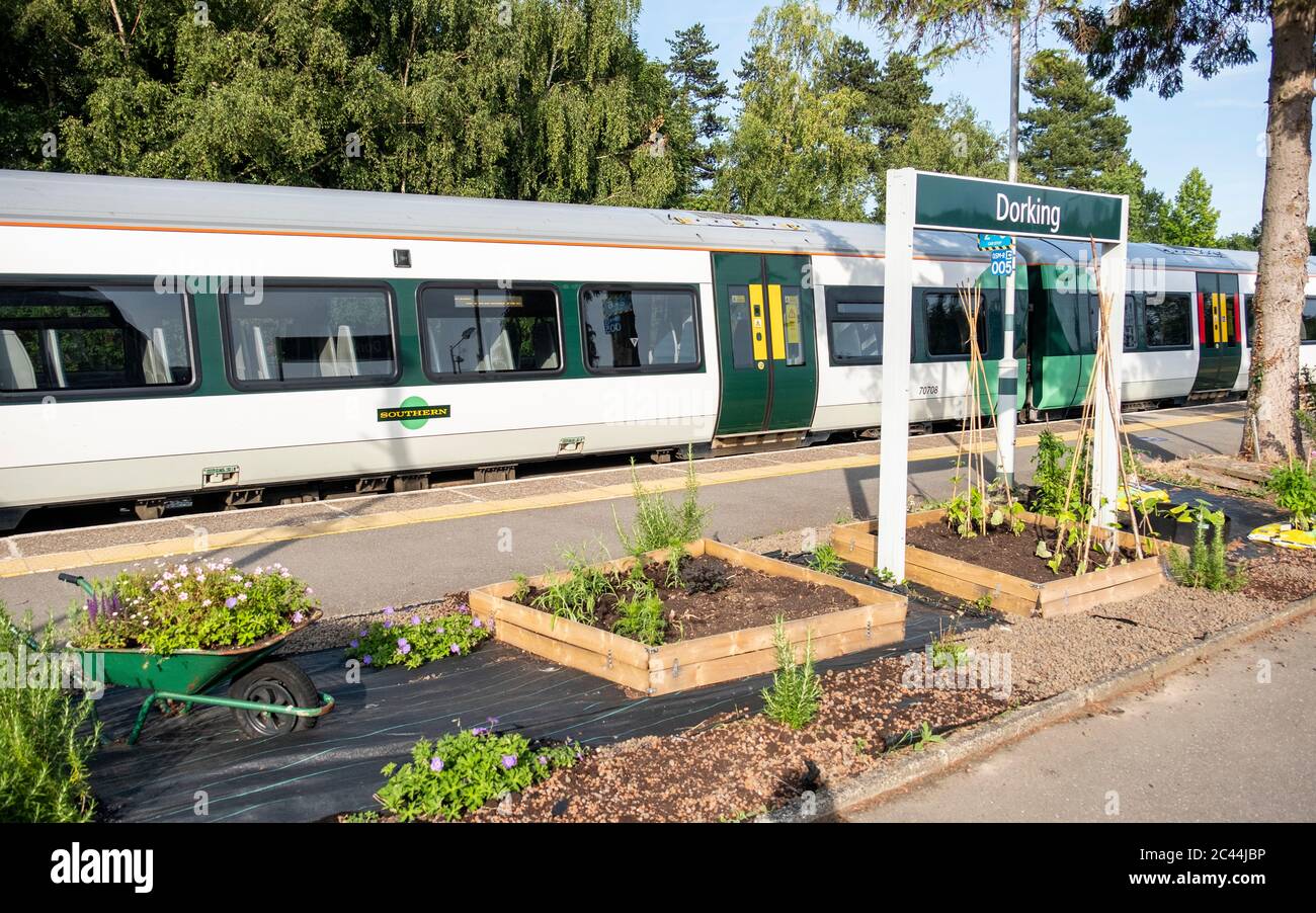 Dorking, UK Dorking railway station platform with Southern train Stock