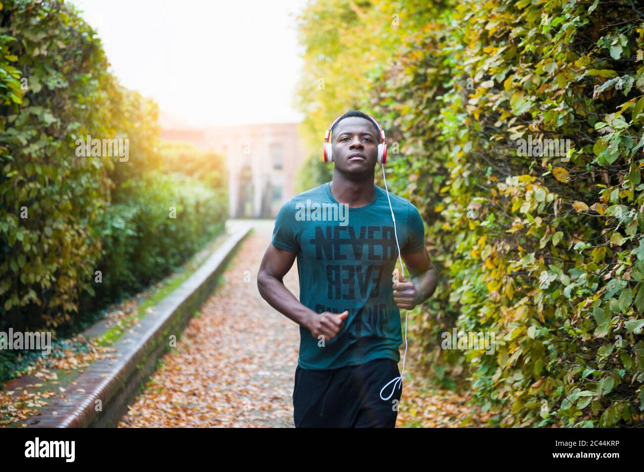 Young man with headphones jogging in park Stock Photo