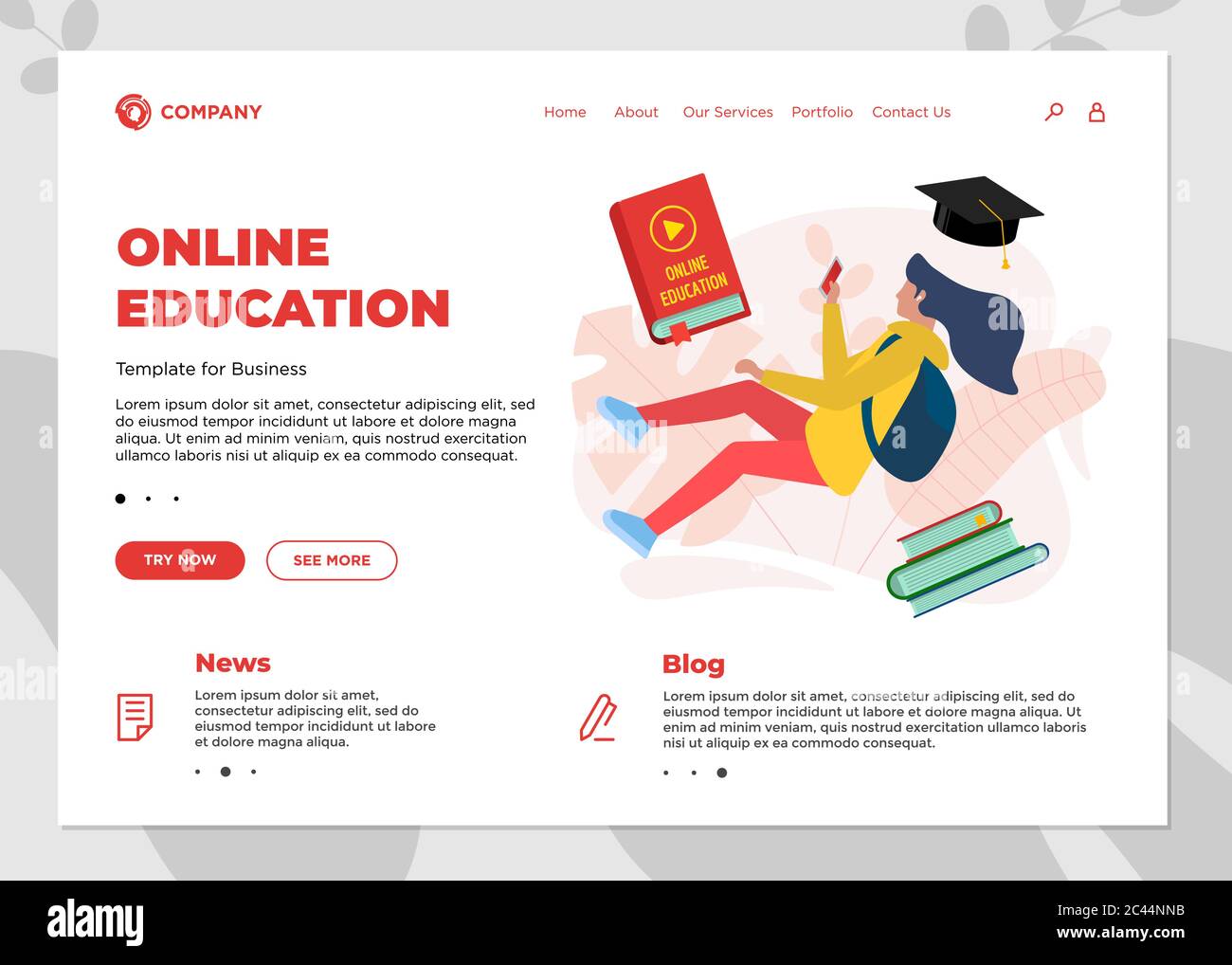 Download Online Education Course Landing Page Template E Learning Website Mockup With Student Teenager Female And Play Video Sign On Cover Book Remote Learning And Internet Studying Knowledge Webinar Concept Stock Vector Image