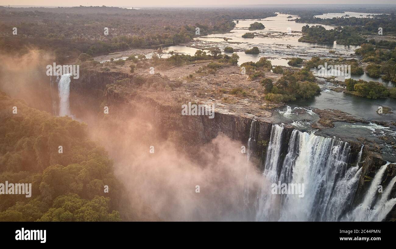 Aerial view of Victoria Falls against during sunset, Zimbabwe Stock Photo