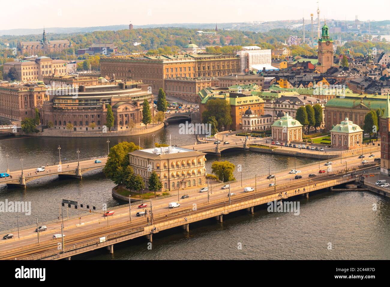 Sweden, Sodermanland, Stockholm, Aerial view of traffic on Stromsborgsbron bridge Stock Photo