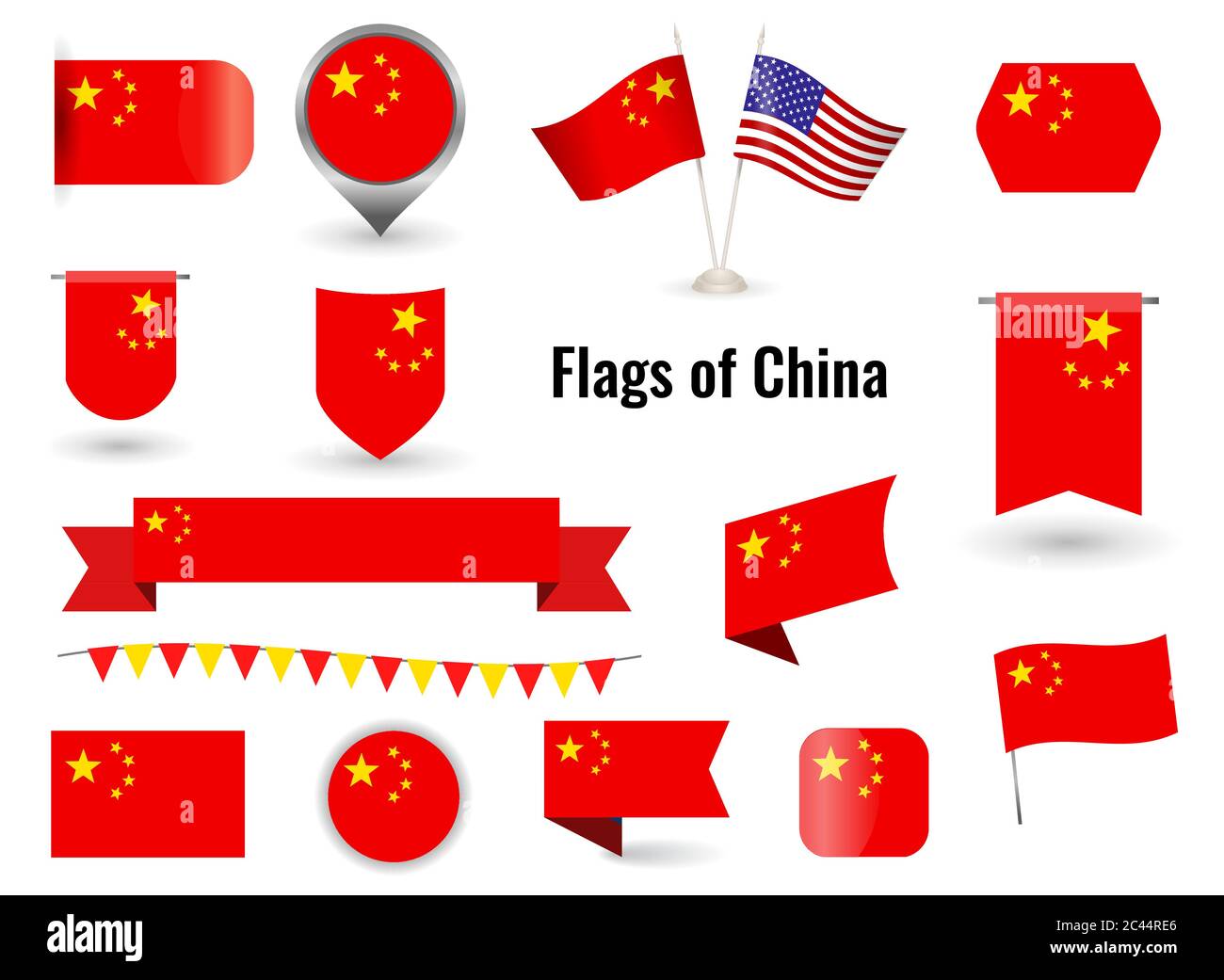 The Flag of China. Big set of icons and symbols. Square and round China flag. Collection of different flags of horizontal and vertical. vector illustr Stock Vector