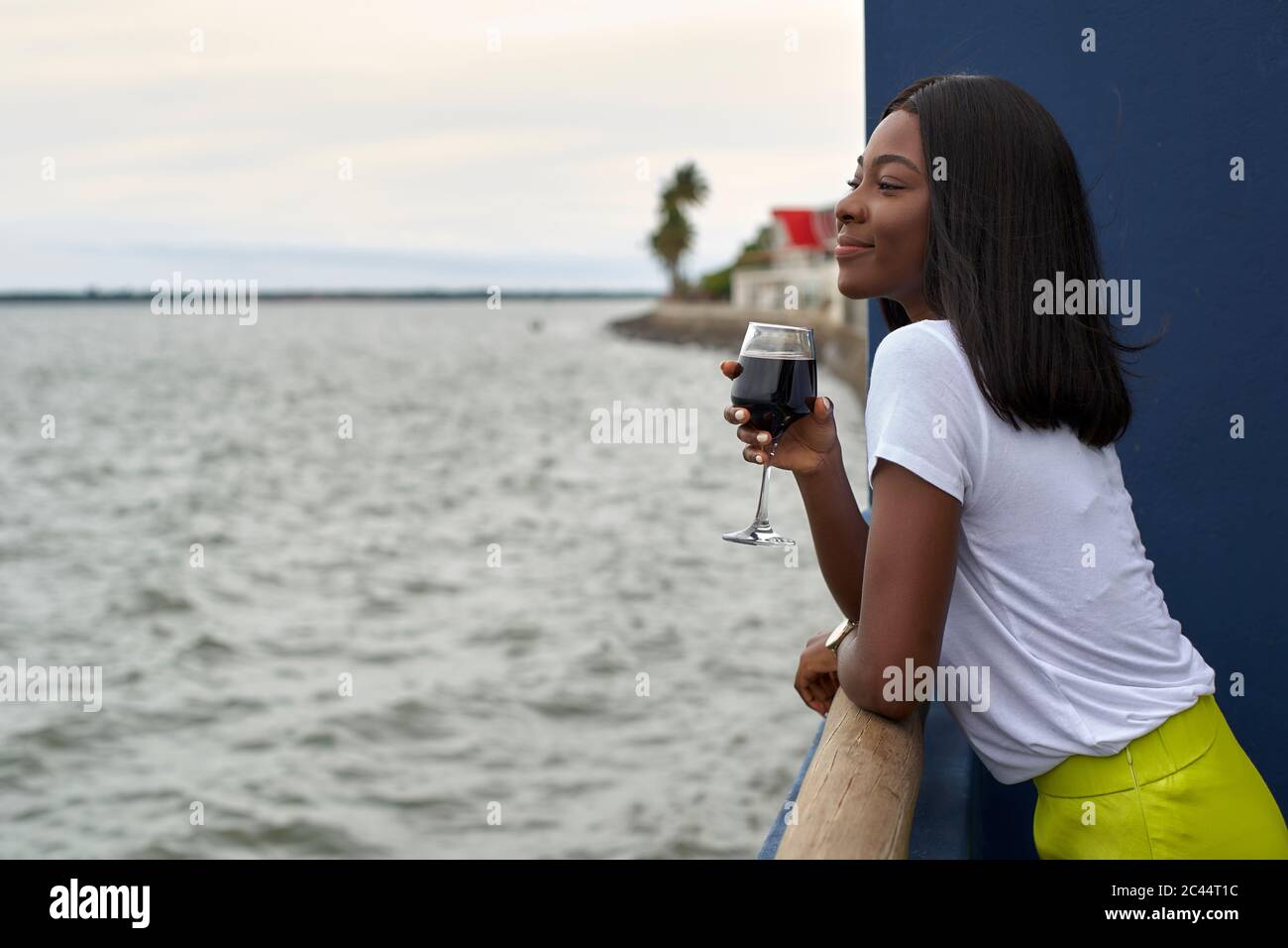 Happy young woman with glass of red wine looking at the sea Stock Photo