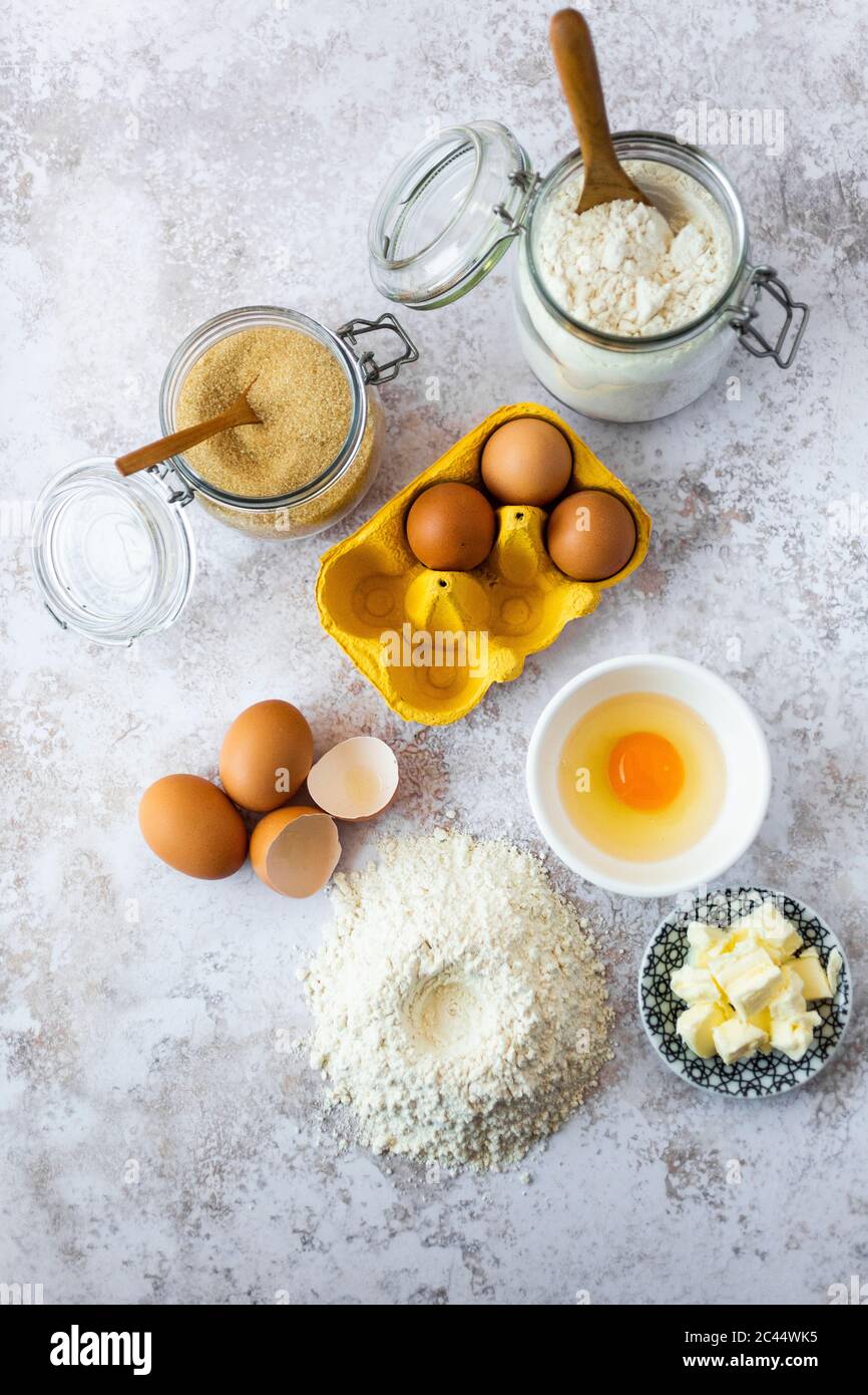Chicken eggs jars flour brown sugar hires stock photography and images