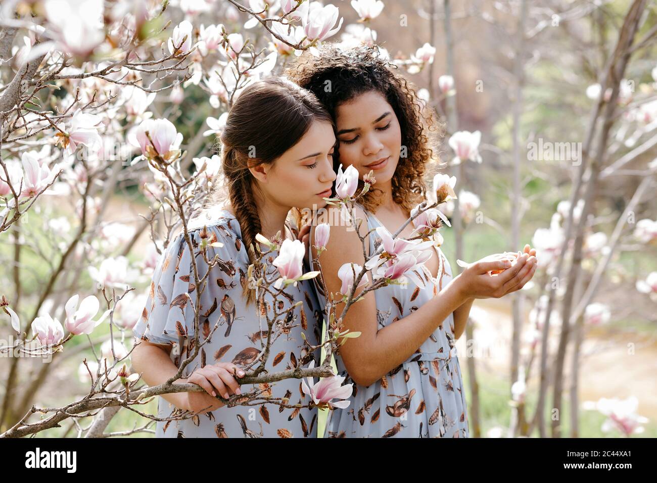 Loving sisters with eyes closed embracing while standing by flowers in park during springtime Stock Photo