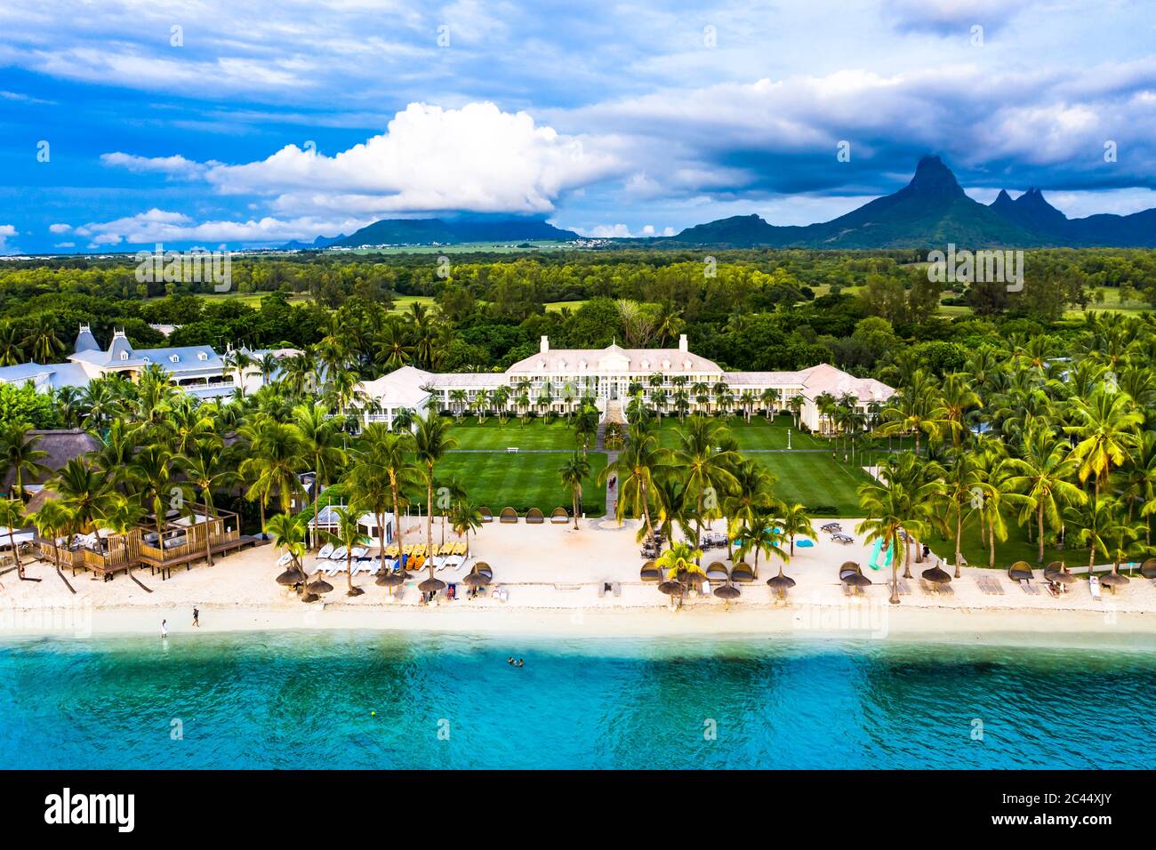 Mauritius, Black River, Flic-en-Flac, Helicopter view of oceanside village beach and luxurious hotel in summer Stock Photo