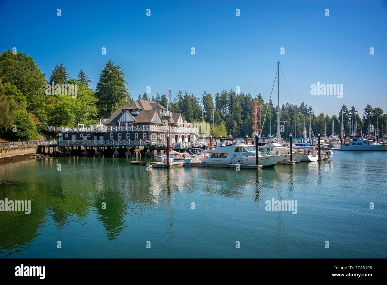 Sailboats in the marina of the rowing club in Stanley park, Vancouver, British Columbia, Canada Stock Photo