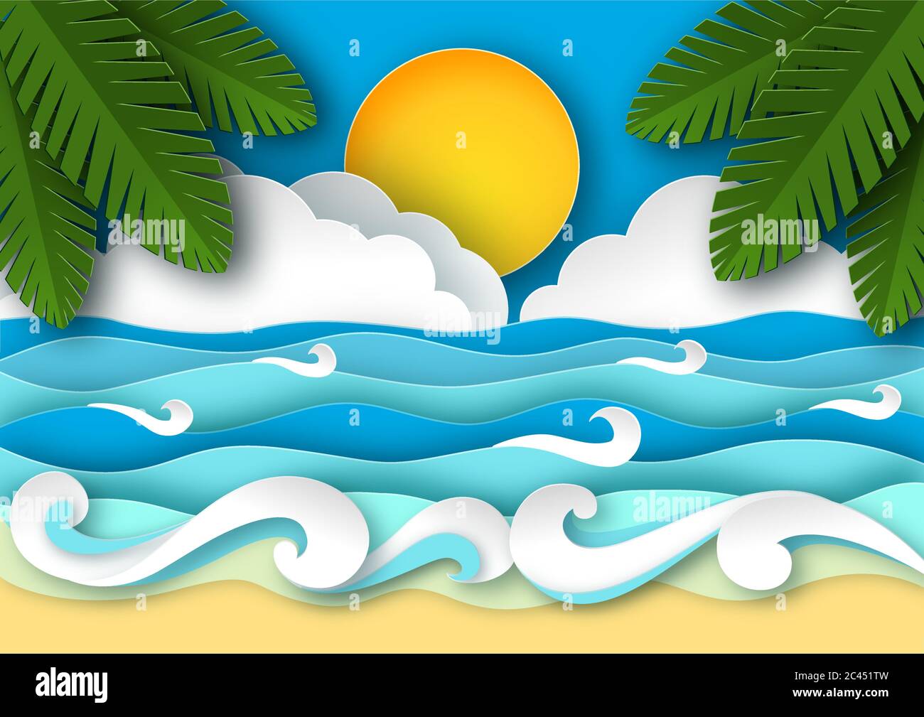 Sea waves and tropical beach in paper art style. Travel concept vector ...