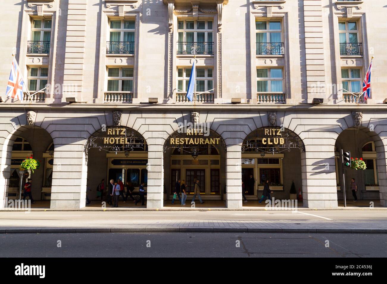 LONDON, UK - 26TH SEPTEMBER 2014: The outside of the RITZ along Piccadilly during the day. People can be seen outside the building Stock Photo