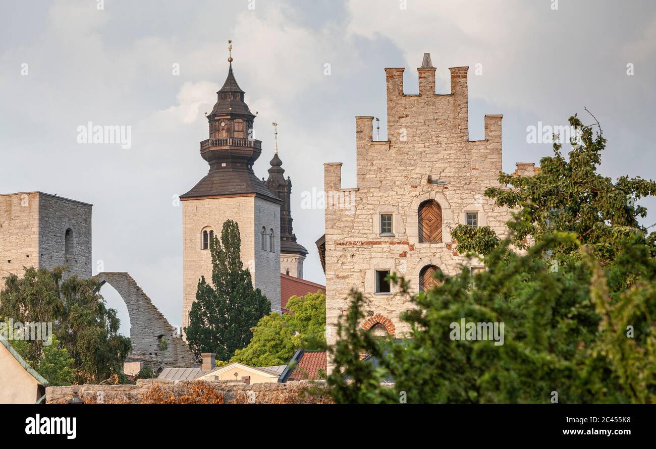 Old buildings and the cathedral in Visby, Gotland, Sweden, Scandinavia. Stock Photo