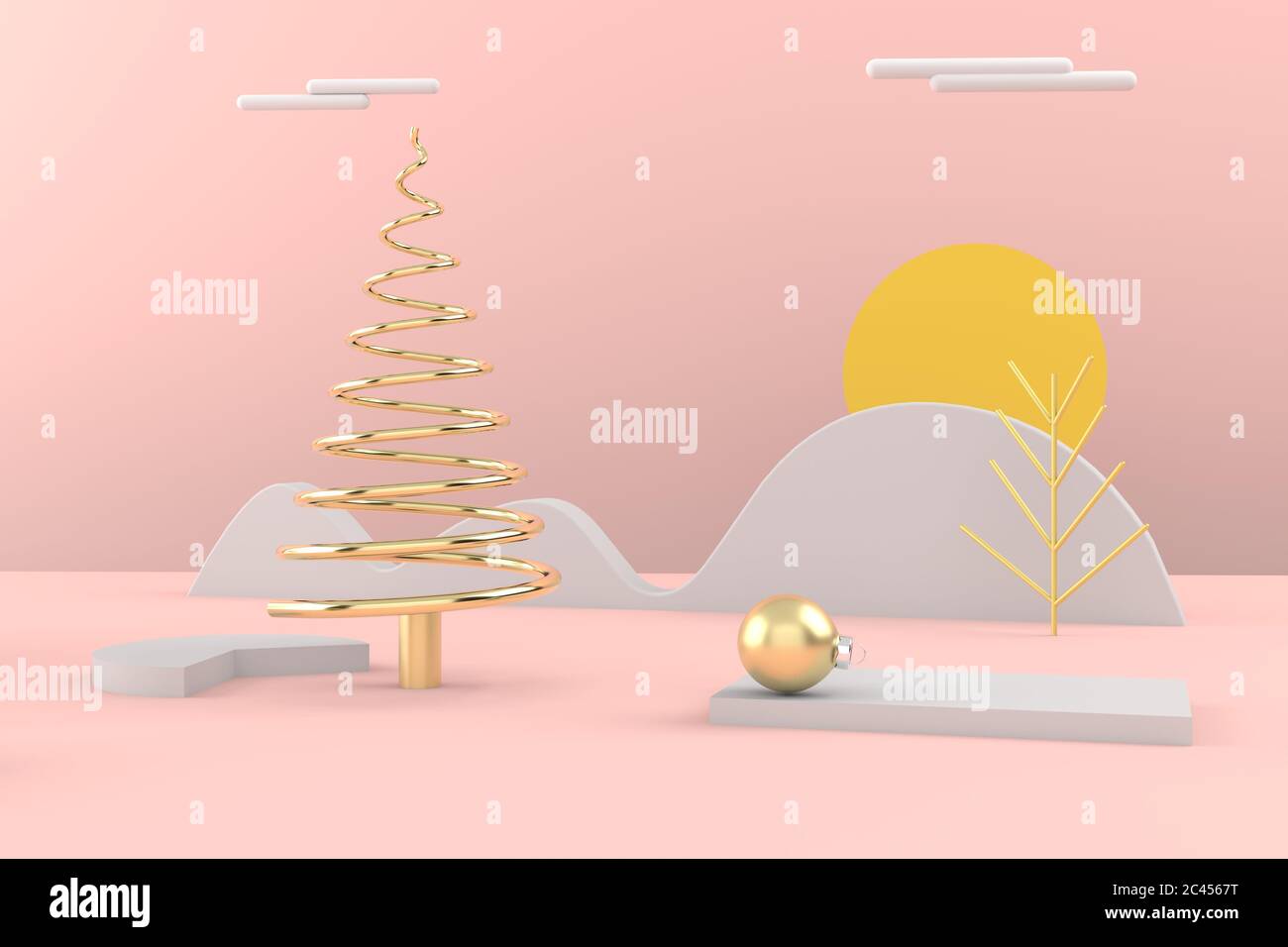 Merry Christmas postcard . Christmas golden tree . 3D rendering . 3D illustration Stock Photo