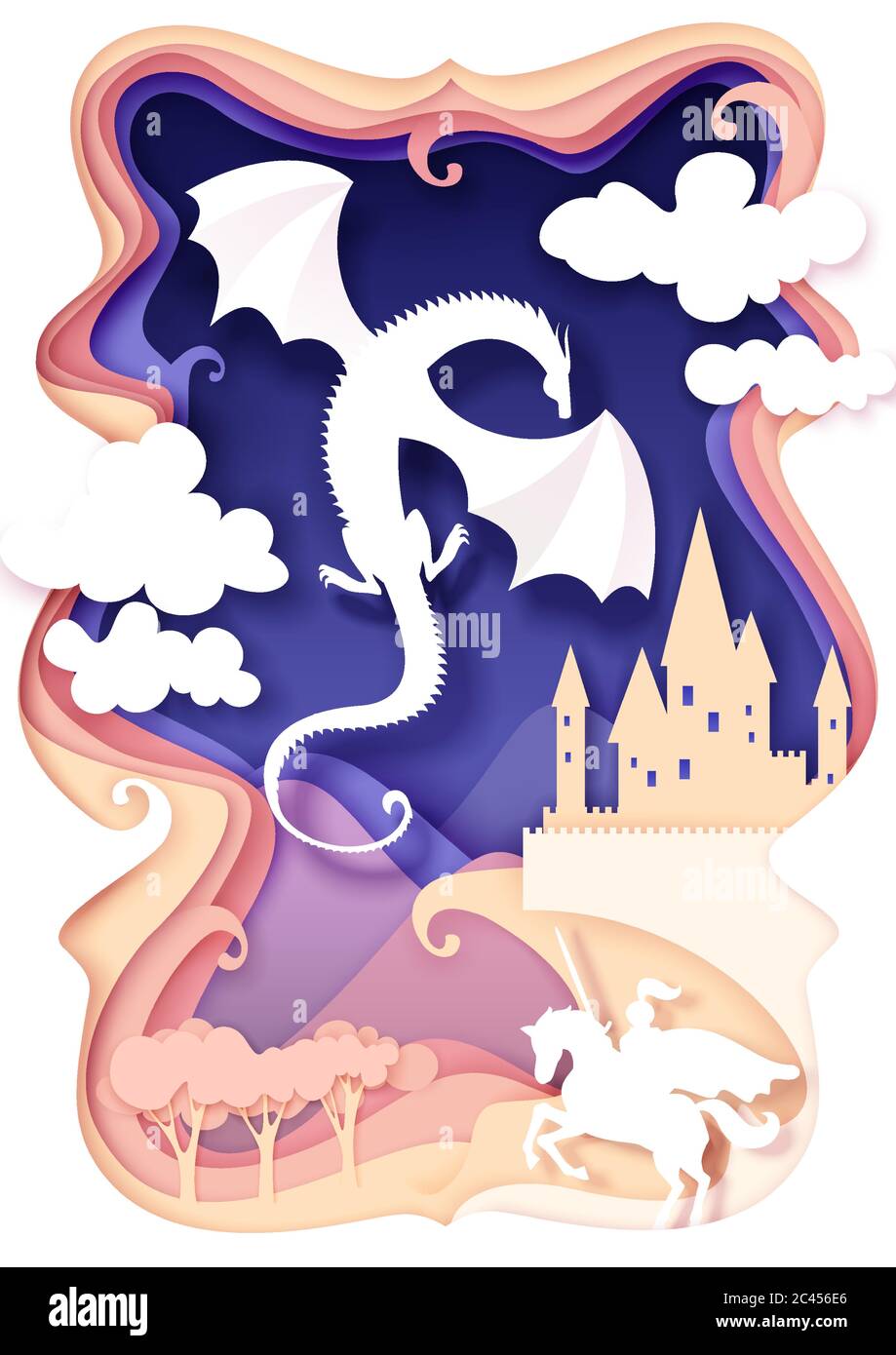Knight fighting dragon, vector illustration in paper art style Stock ...
