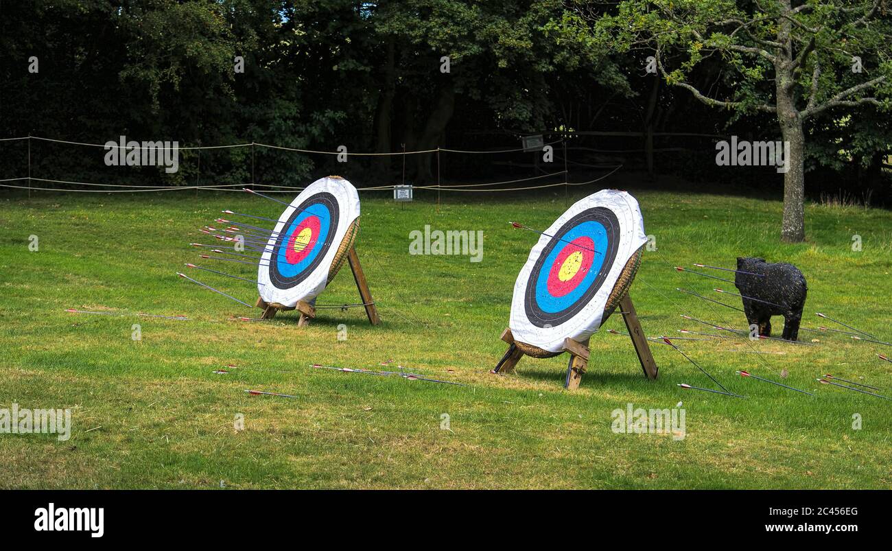 Outdoor archery target boards with archery arrows Stock Photo Alamy