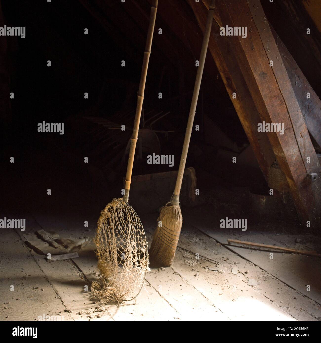 Butterfly net in a old attic, France Stock Photo