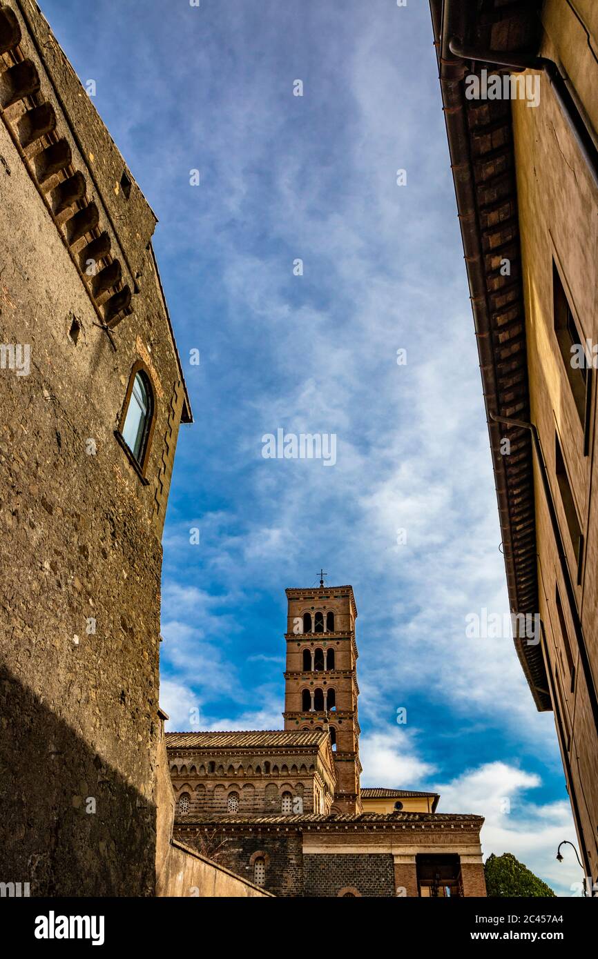 The church, the bell tower, and the liturgical fountain "the Paradise" in the Exarchic Monastery of Saint Mary in Grottaferrata, Greek Abbey of Saint Stock Photo