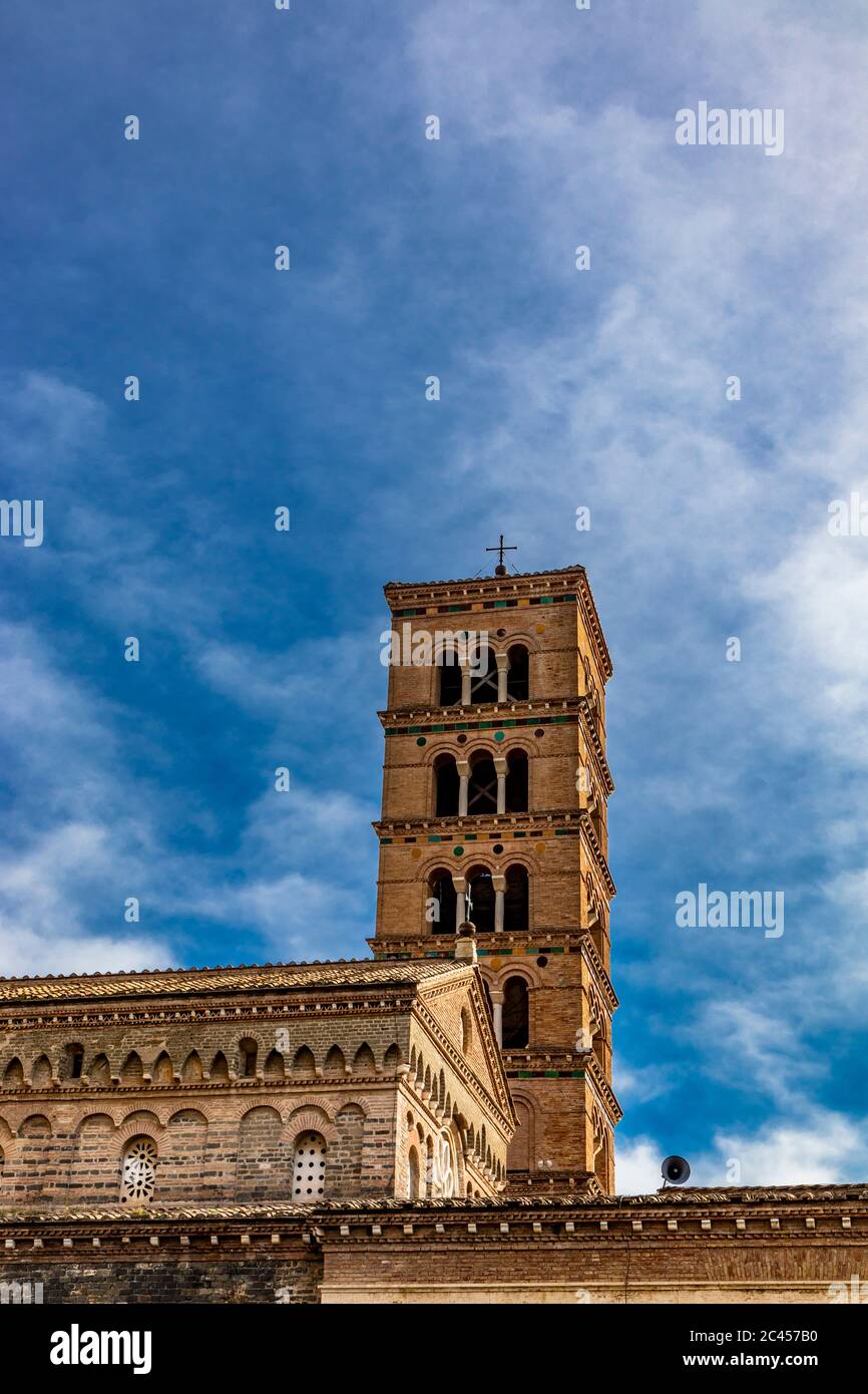 The church, the bell tower, and the liturgical fountain "the Paradise" in the Exarchic Monastery of Saint Mary in Grottaferrata, Greek Abbey of Saint Stock Photo
