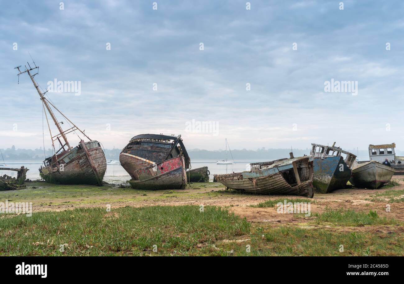 Views of boat wrecks at Pin Mill on the River Orwell just outside Ipswich, Suffolk, UK. Famous for its boat wrecks and great for photographers. Stock Photo