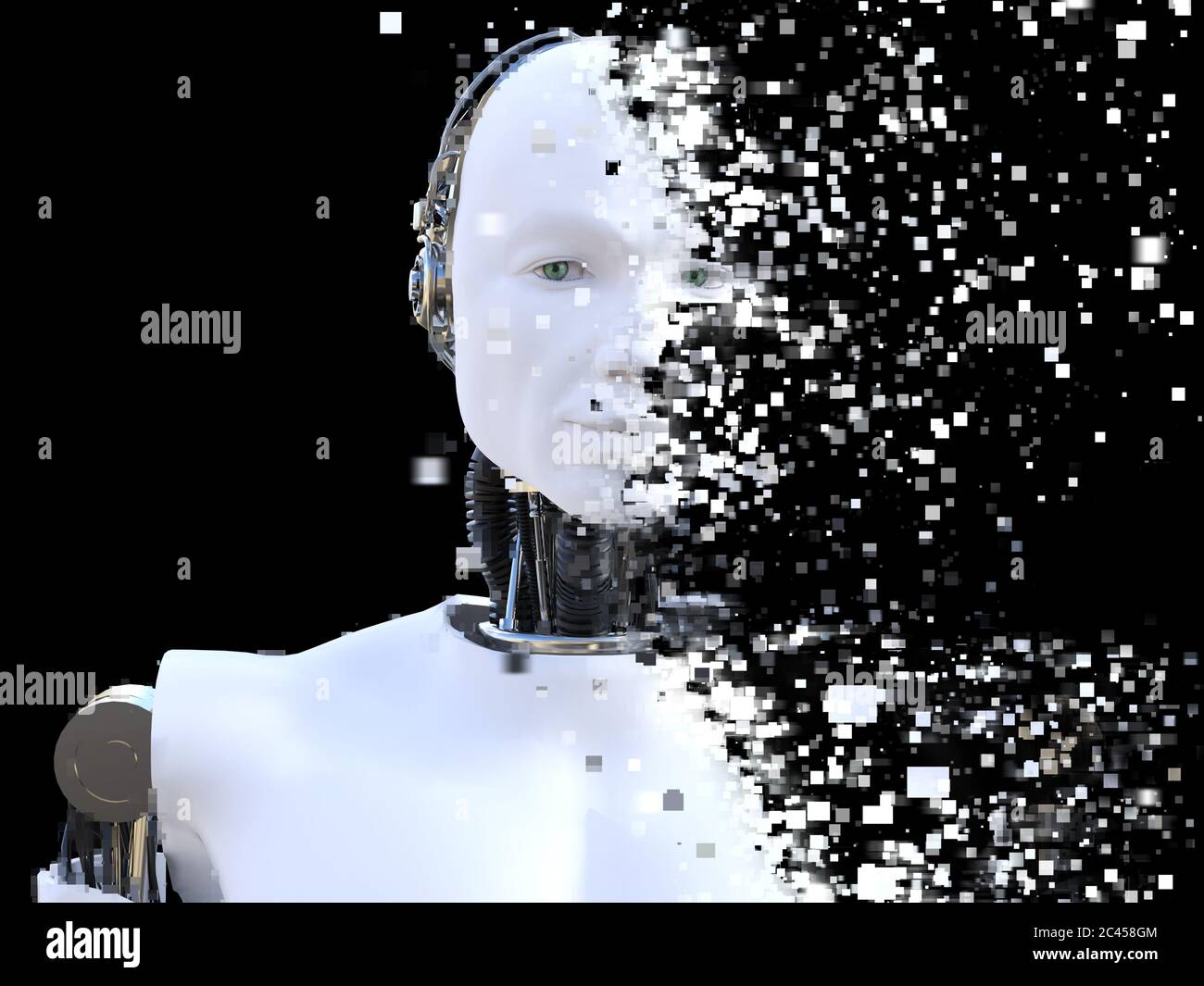 3D rendering of the head of a male robot. The head is breaking apart ...