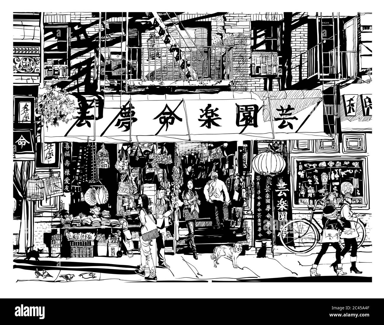 Typical street in chinatown in New York - vector illustration (Ideal for printing on fabric or paper, poster or wallpaper, house decoration) all chine Stock Vector