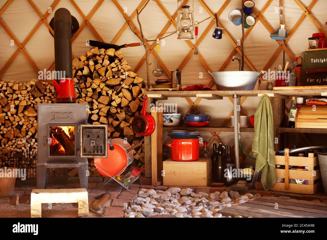 Kitchen in a yurt Stock Photo Alamy