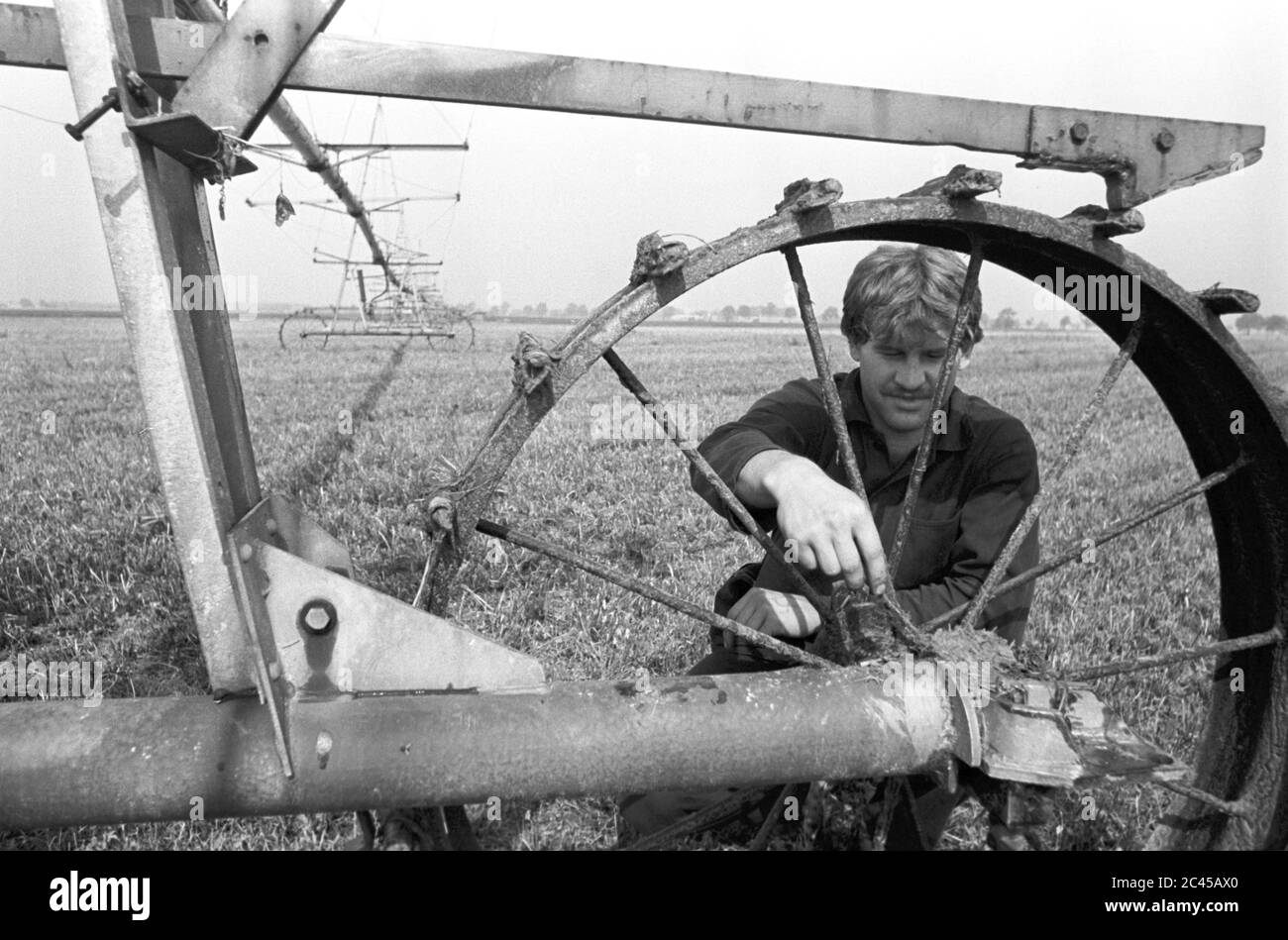 30 August 1984, Saxony, Paschwitz: A field irrigation system of the LPG Paschwitz near Eilenburg is maintained in the mid-1980s. Exact date of recording not known. Photo: Volkmar Heinz/dpa-Zentralbild/ZB Stock Photo