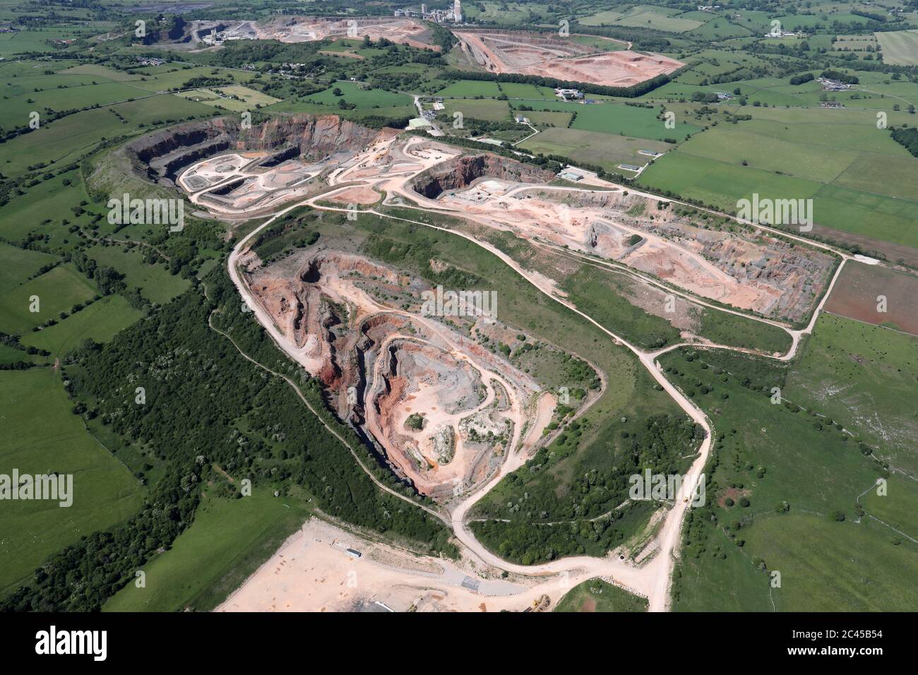 aerial view of stone quarries on the south side of the A52 at Cauldon Low near Stoke-on-Trent, Staffordshire Stock Photo