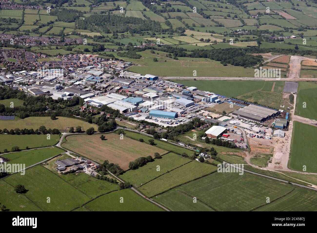 aerial view of The Airfield Industrial Estate, Ashbourne, Derbyshire Stock Photo