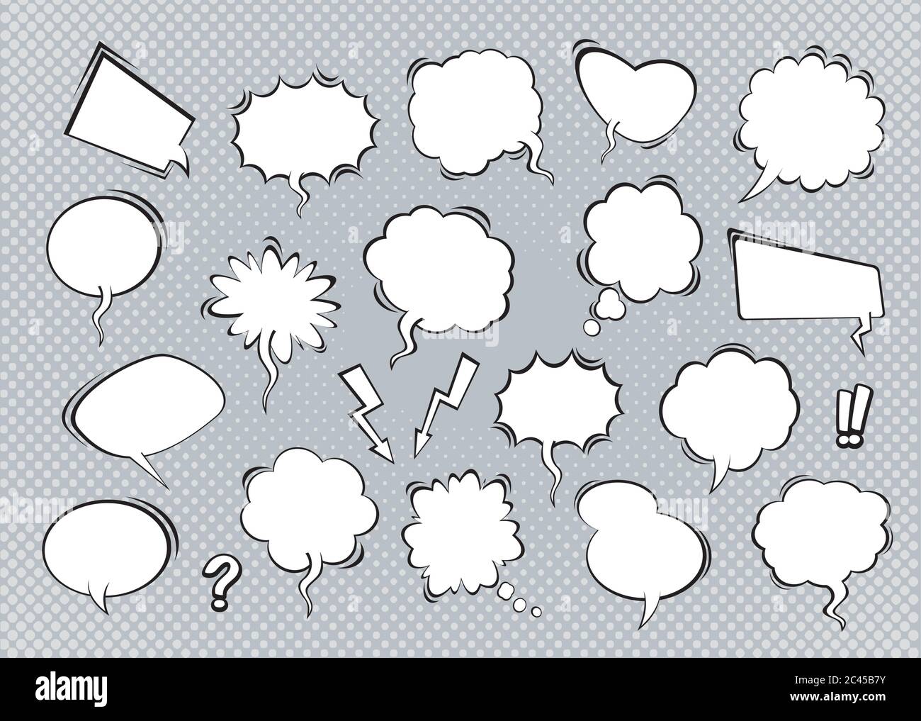 Set of comic speech bubbles with shadow on grey background. Vector Illustration and graphic elements. Stock Vector