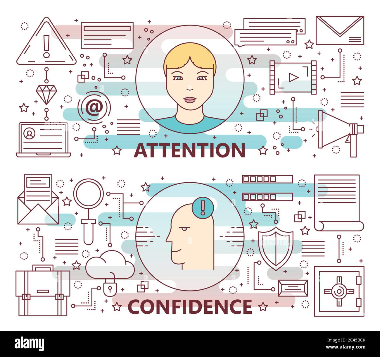 Vector thin line flat design attention and confidence concept banners Stock Vector