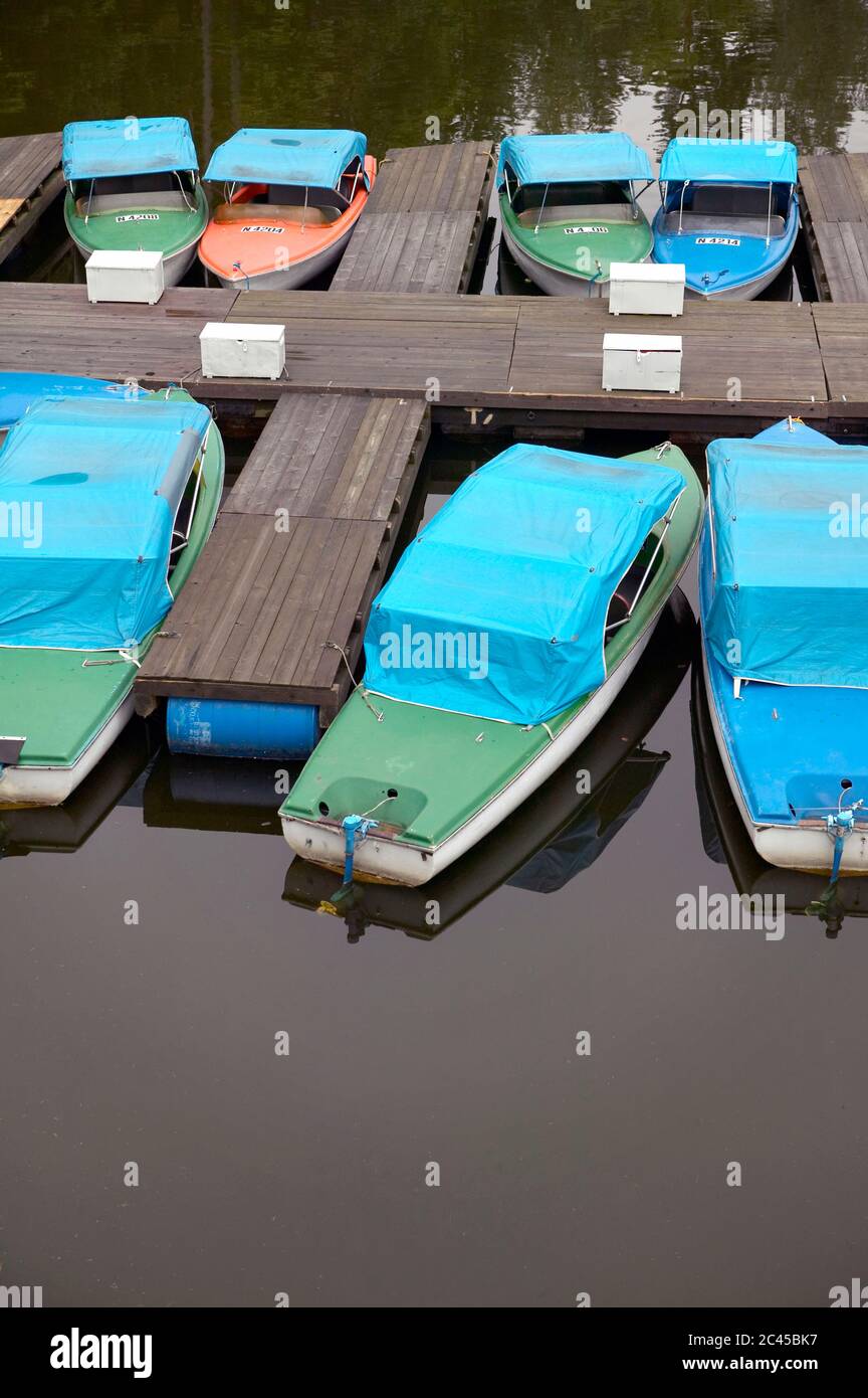 Pedal boats on the jetty, Ottenstein Reservoir, Waldviertel, Austria Stock Photo