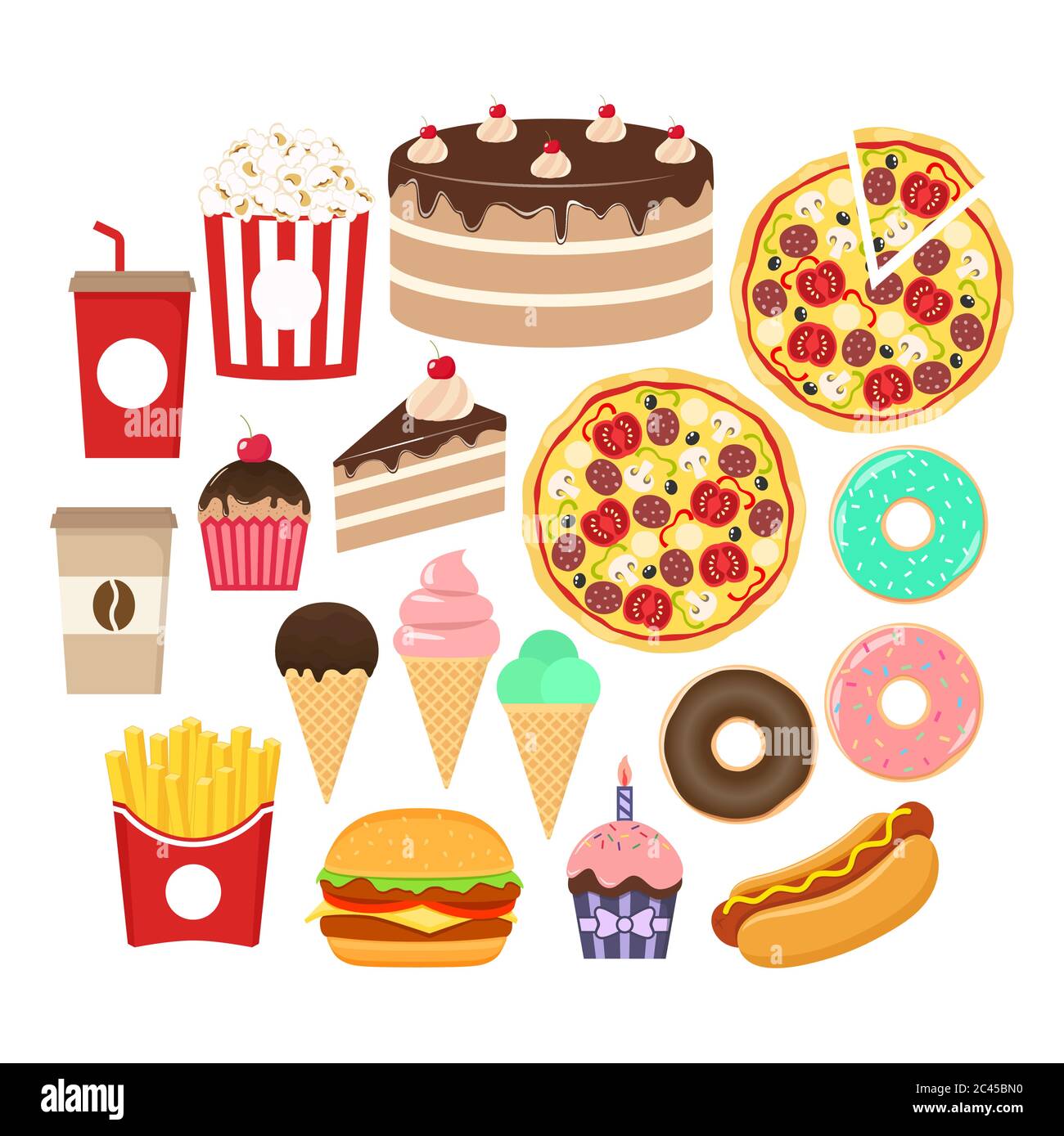 Fast food icons set. Burger, popcorn, french fries, soda, donut and hot dog colorful cartoon set. Chocolate glazed cake, ice cream, coffee cup and cup Stock Vector