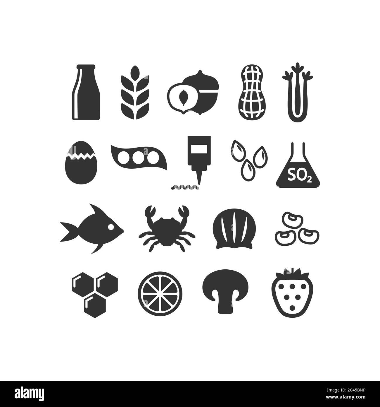 Black isolated food allergens icon set. Food allergy symbols vector silhouette set. Stock Vector