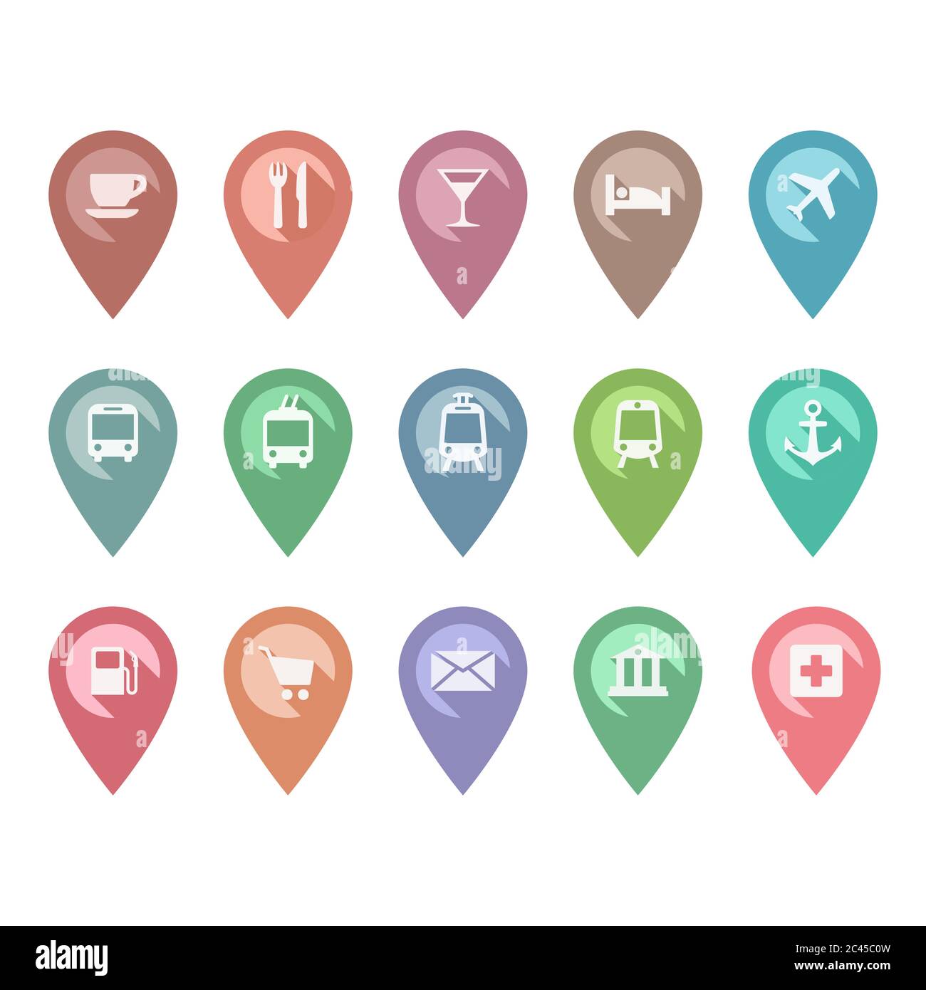 Location pin pointer vector set with cafe, restaurant, hotel, bus icons. Location pin markers with airport, train station, bank, hospital signs. Stock Vector